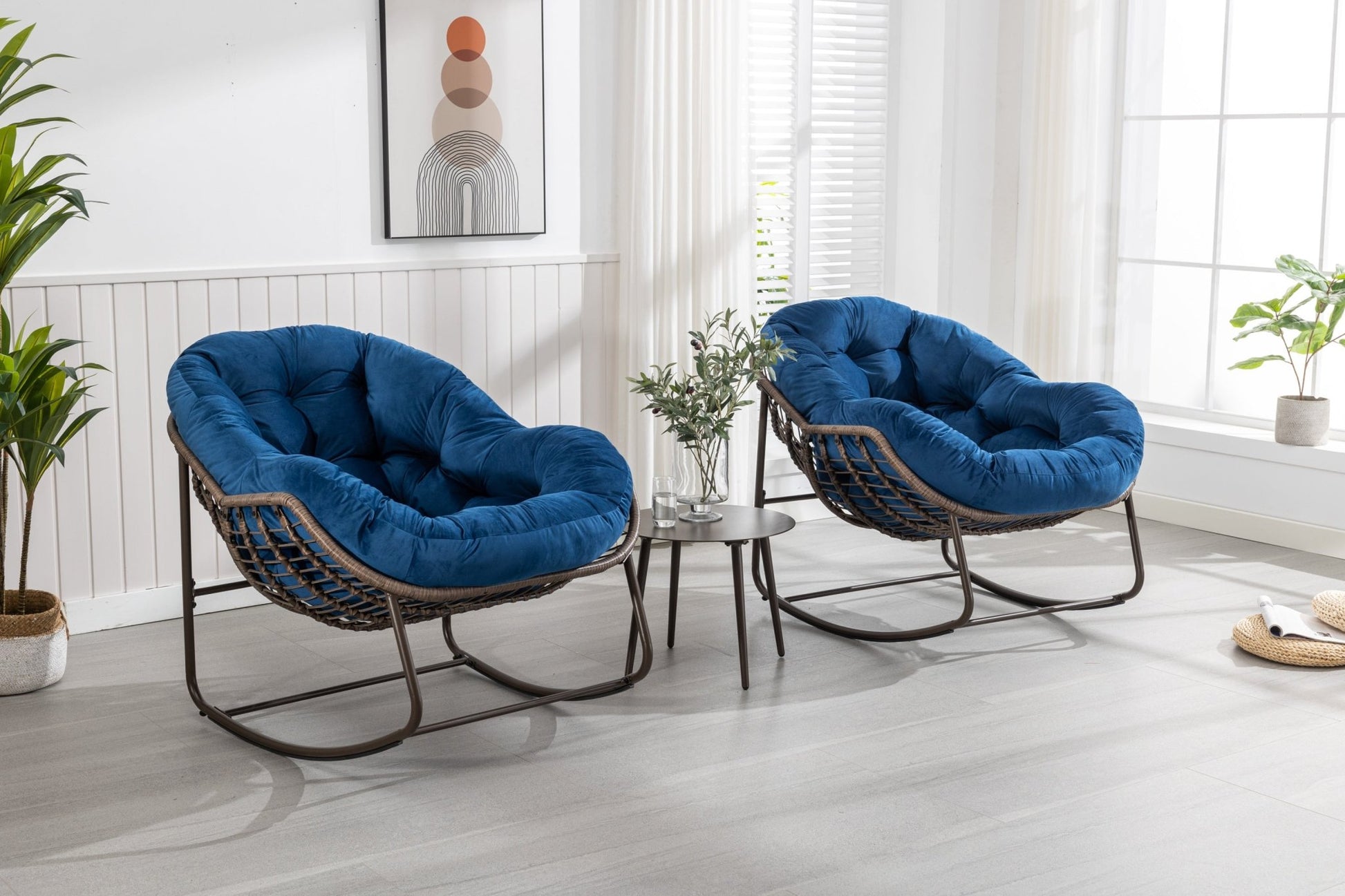 Outdoor Rattan Rocking Chair,Padded Cushion Rocker Recliner Chair Outdoor for Front Porch, Living Room, Patio, Garden, Navy Blue - 1st Choice Furniture Direct