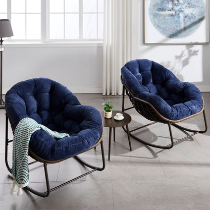 Outdoor Rattan Rocking Chair,Padded Cushion Rocker Recliner Chair Outdoor for Front Porch, Living Room, Patio, Garden, Navy blue - 1st Choice Furniture Direct