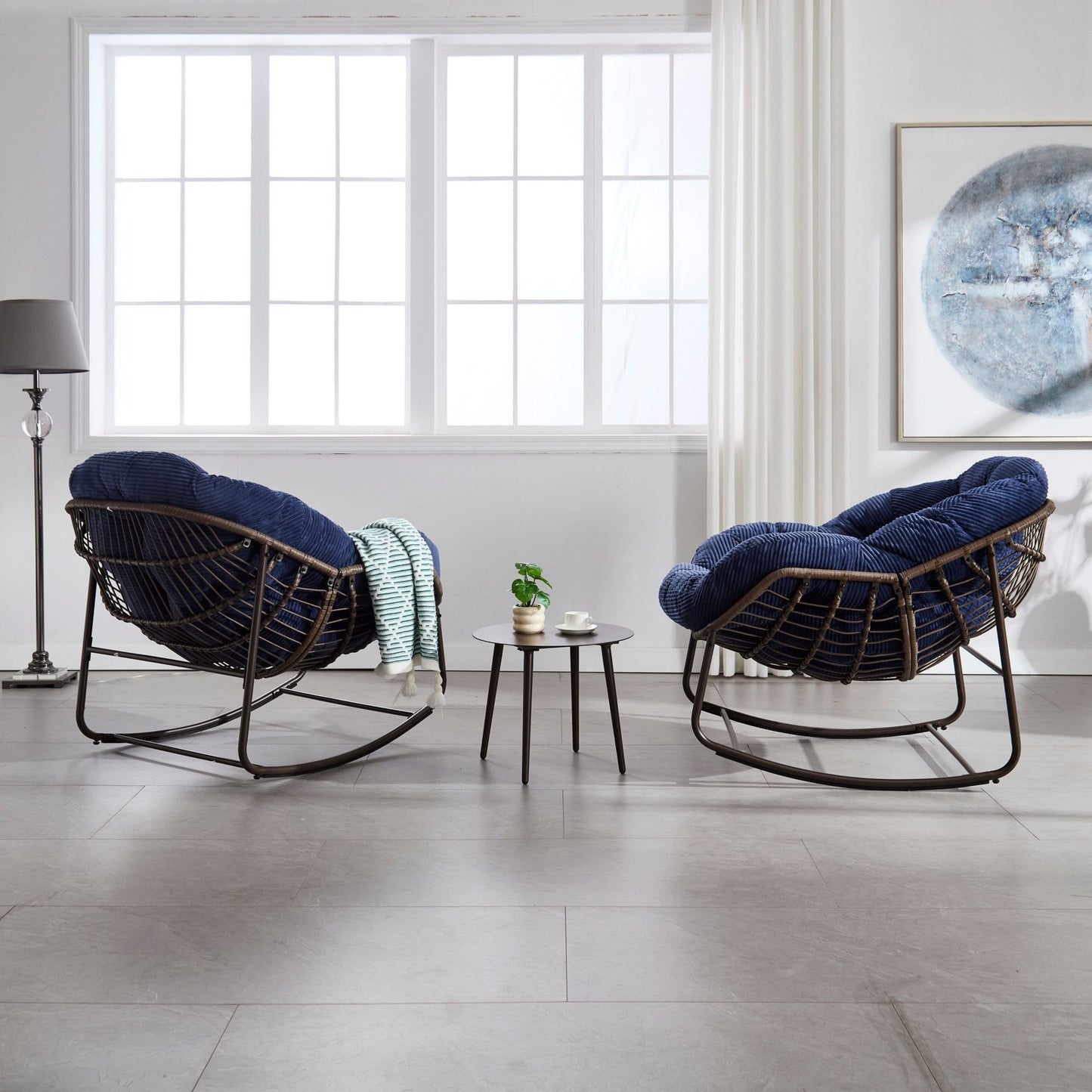 Outdoor Rattan Rocking Chair,Padded Cushion Rocker Recliner Chair Outdoor for Front Porch, Living Room, Patio, Garden, Navy blue - 1st Choice Furniture Direct