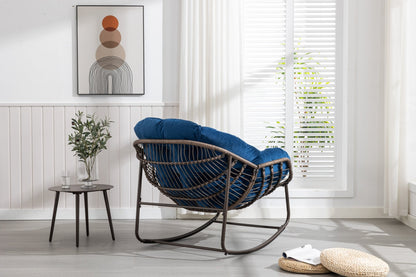 Outdoor Rattan Rocking Chair,Padded Cushion Rocker Recliner Chair Outdoor for Front Porch, Living Room, Patio, Garden, Navy Blue - 1st Choice Furniture Direct