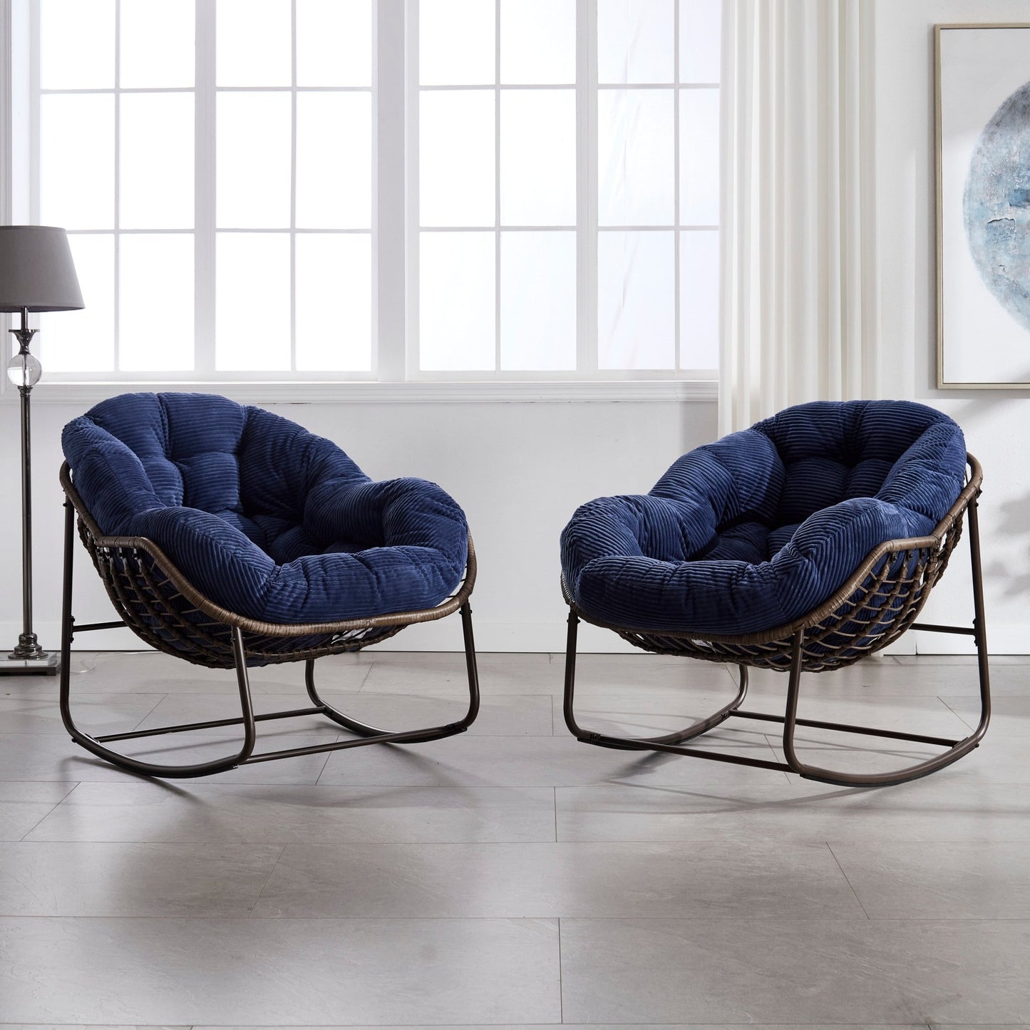 Outdoor Rattan Rocking Chair,Padded Cushion Rocker Recliner Chair Outdoor for Front Porch, Living Room, Patio, Garden, Navy blue - 1st Choice Furniture Direct