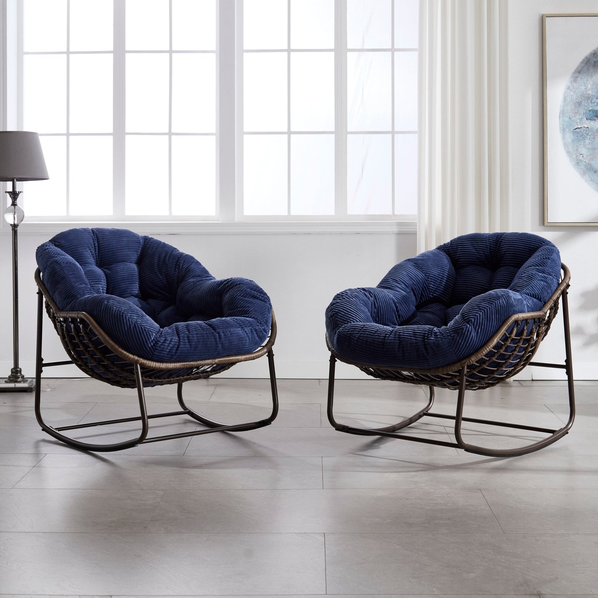 Outdoor Rattan Rocking Chair,Padded Cushion Rocker Recliner Chair Outdoor for Front Porch, Living Room, Patio, Garden, Navy blue - 1st Choice Furniture Direct