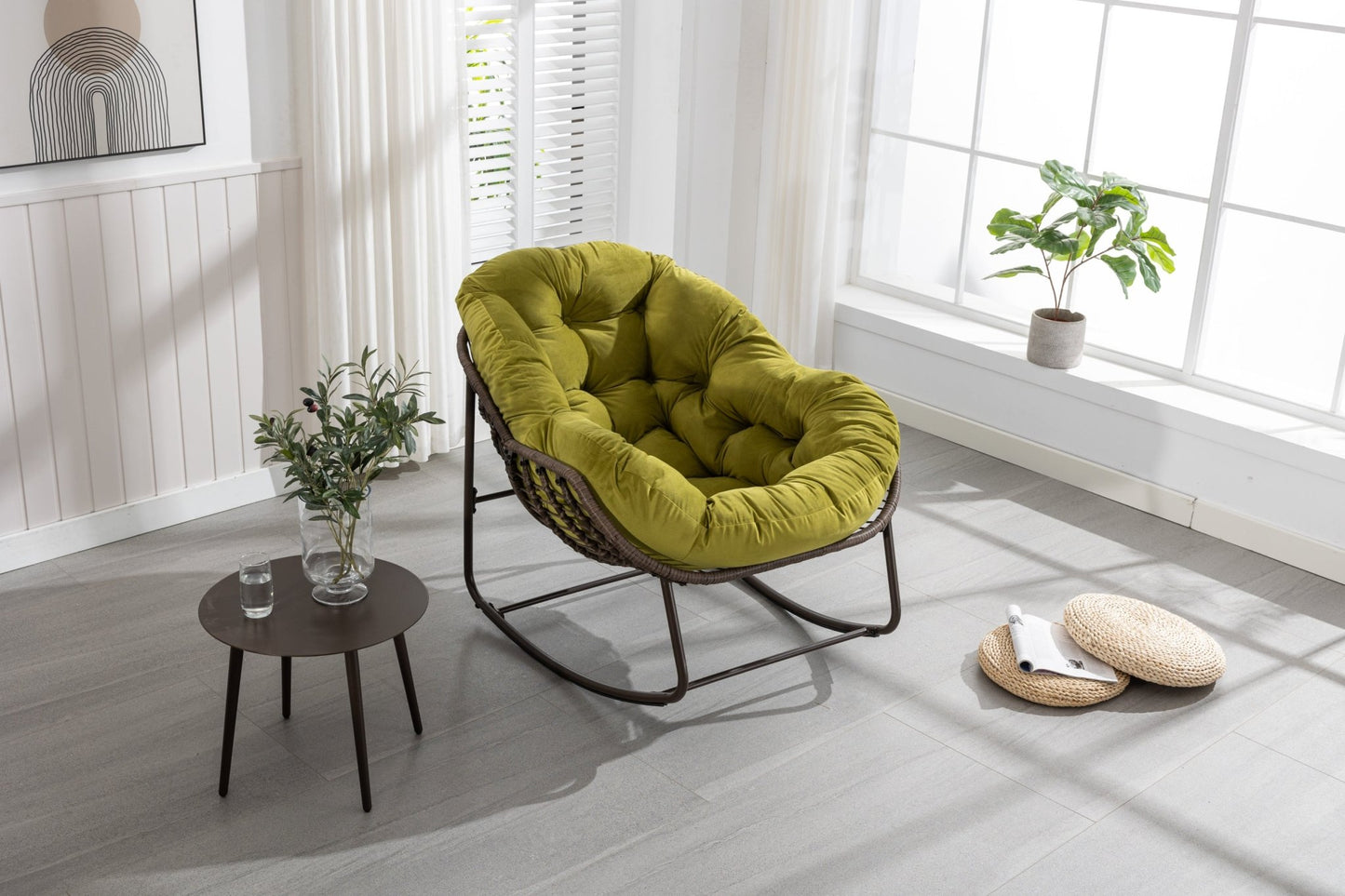 Outdoor Rattan Rocking Chair,Padded Cushion Rocker Recliner Chair Outdoor for Front Porch, Living Room, Patio, Garden, Olive Green - 1st Choice Furniture Direct