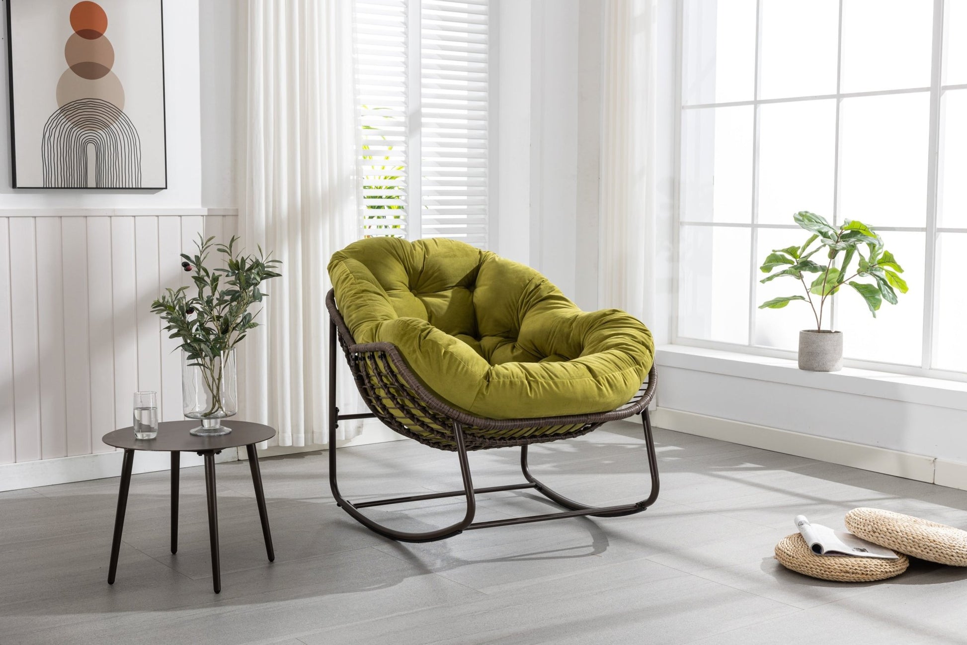 Outdoor Rattan Rocking Chair,Padded Cushion Rocker Recliner Chair Outdoor for Front Porch, Living Room, Patio, Garden, Olive Green - 1st Choice Furniture Direct