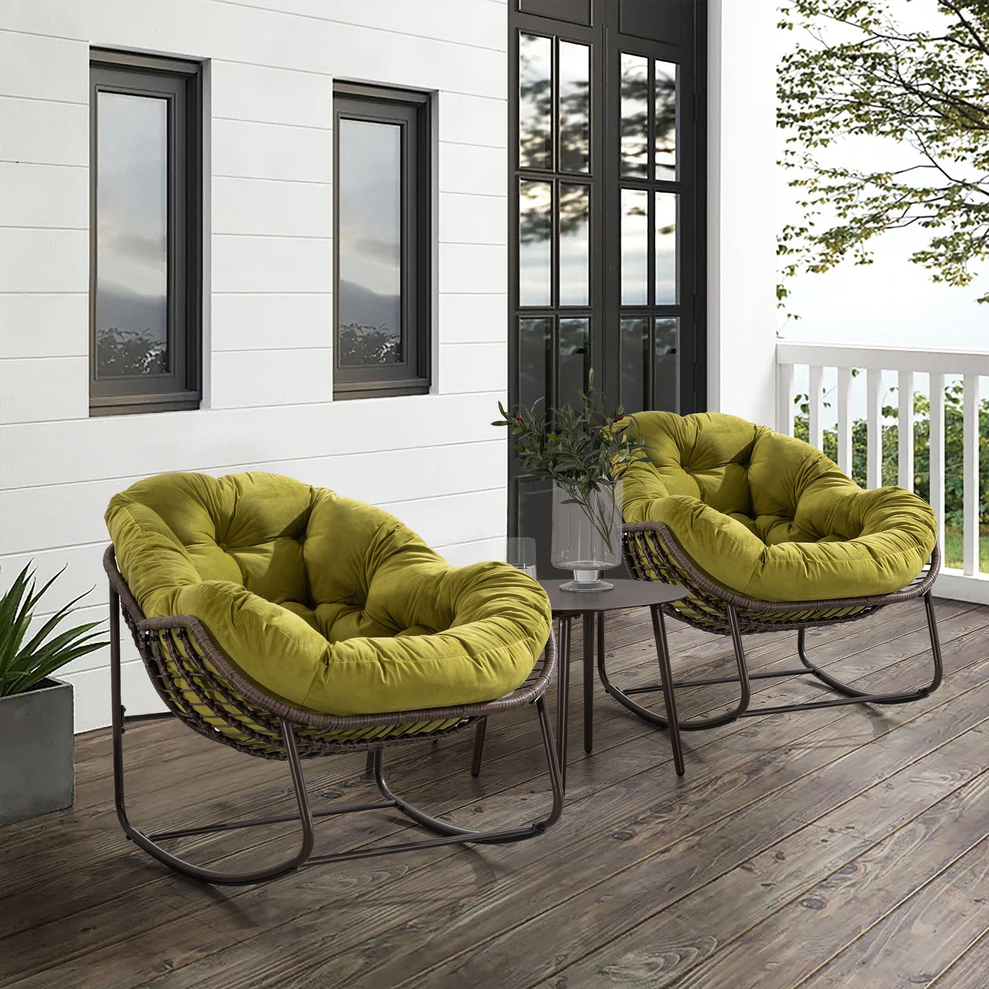 Outdoor Rattan Rocking Chair,Padded Cushion Rocker Recliner Chair Outdoor for Front Porch, Living Room, Patio, Garden, Olive Green - 1st Choice Furniture Direct