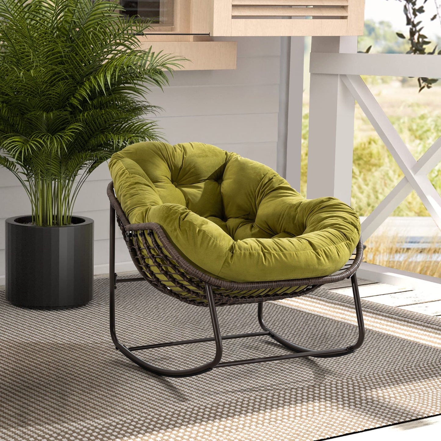 Outdoor Rattan Rocking Chair,Padded Cushion Rocker Recliner Chair Outdoor for Front Porch, Living Room, Patio, Garden, Olive Green - 1st Choice Furniture Direct