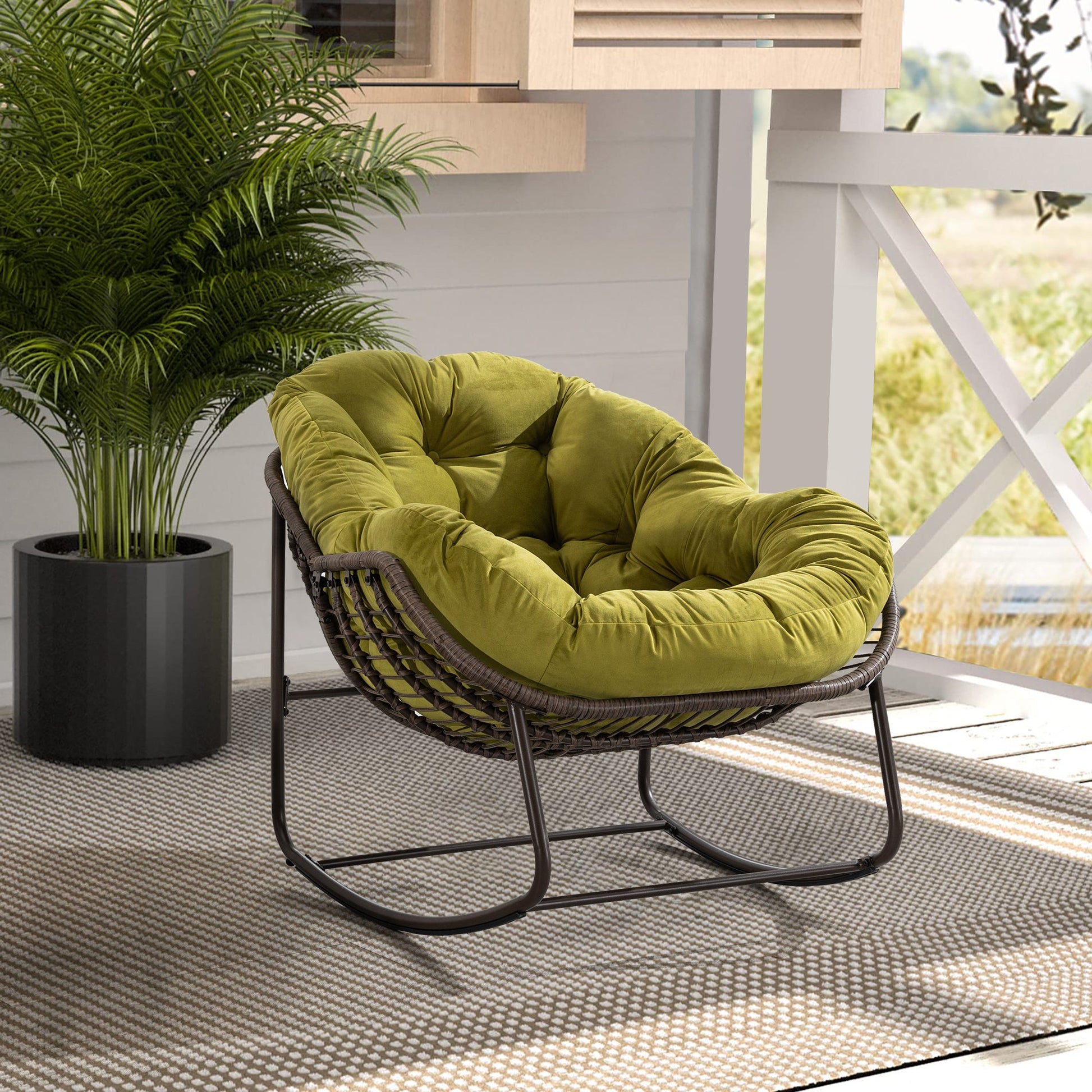 Outdoor Rattan Rocking Chair,Padded Cushion Rocker Recliner Chair Outdoor for Front Porch, Living Room, Patio, Garden, Olive Green - 1st Choice Furniture Direct