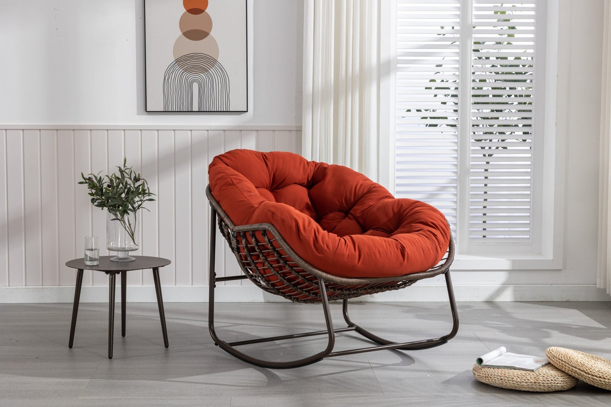 Outdoor Rattan Rocking Chair,Padded Cushion Rocker Recliner Chair Outdoor for Front Porch, Living Room, Patio, Garden, Orange - 1st Choice Furniture Direct