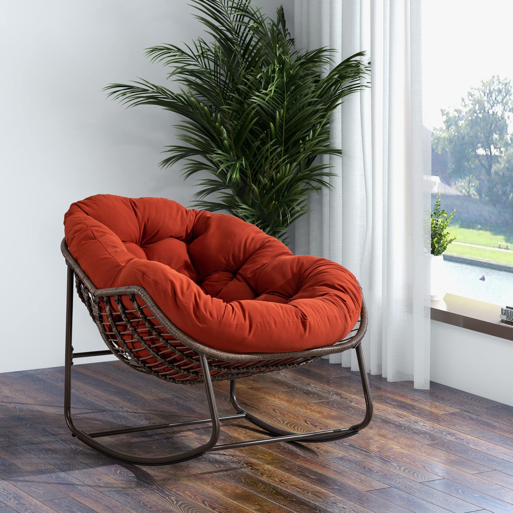 Outdoor Rattan Rocking Chair,Padded Cushion Rocker Recliner Chair Outdoor for Front Porch, Living Room, Patio, Garden, Orange - 1st Choice Furniture Direct