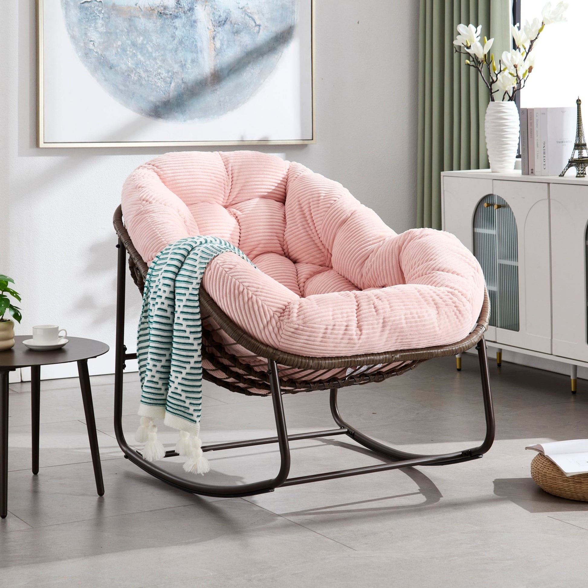 Outdoor Rattan Rocking Chair,Padded Cushion Rocker Recliner Chair Outdoor for Front Porch, Living Room, Patio, Garden, Pink - 1st Choice Furniture Direct