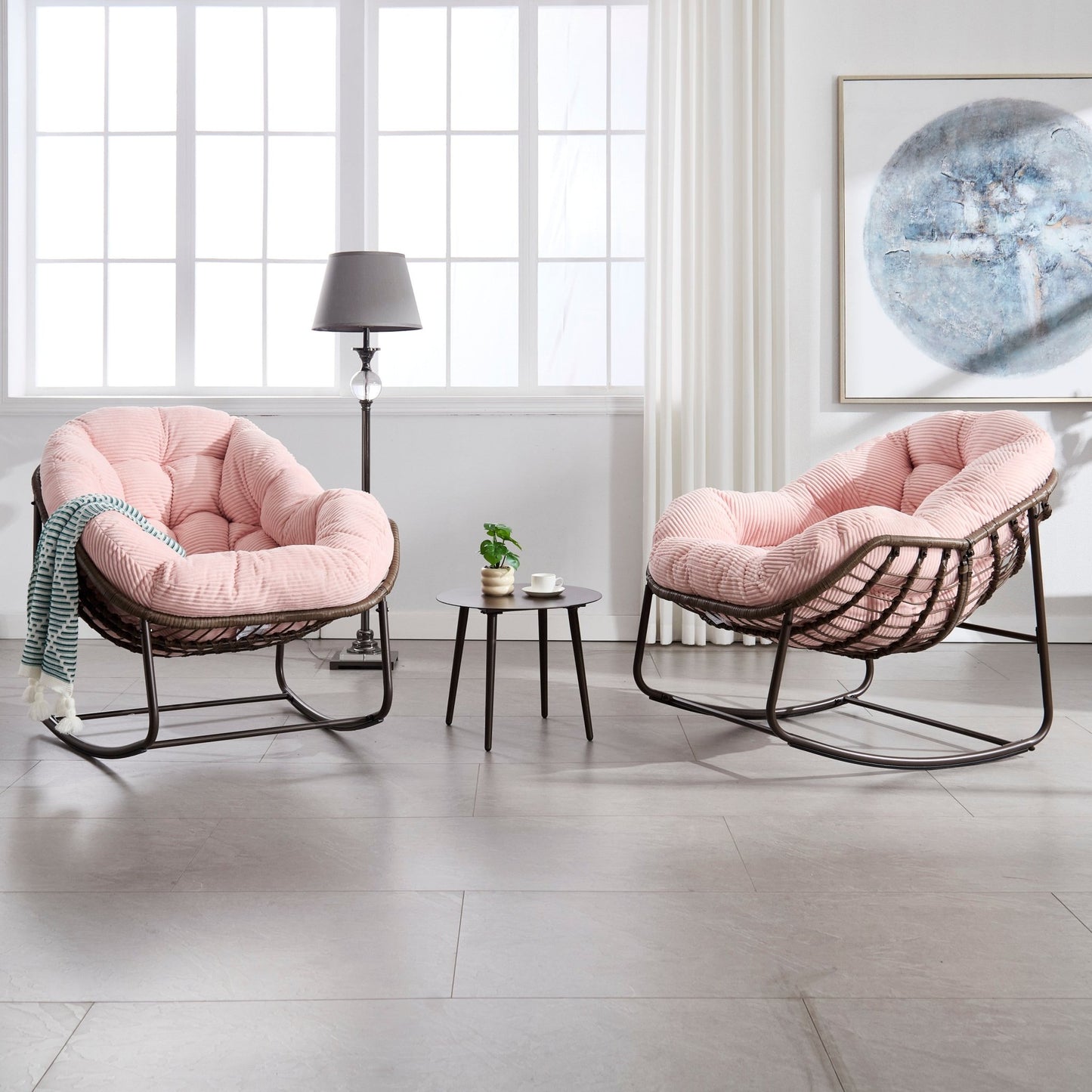 Outdoor Rattan Rocking Chair,Padded Cushion Rocker Recliner Chair Outdoor for Front Porch, Living Room, Patio, Garden, Pink - 1st Choice Furniture Direct