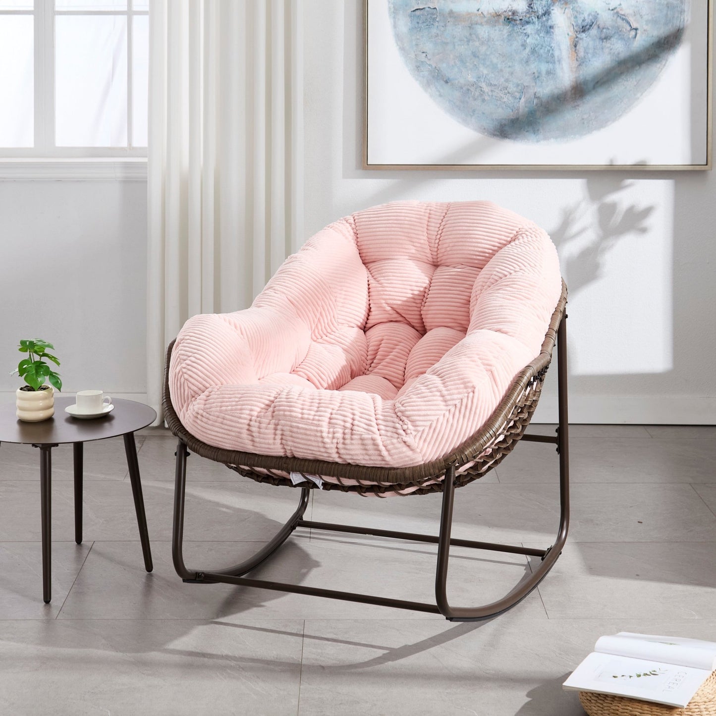 Outdoor Rattan Rocking Chair,Padded Cushion Rocker Recliner Chair Outdoor for Front Porch, Living Room, Patio, Garden, Pink - 1st Choice Furniture Direct