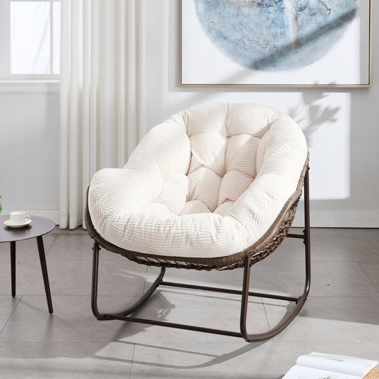 Outdoor Rattan Rocking Chair,Padded Cushion Rocker Recliner Chair Outdoor for Front Porch, Living Room, Patio, Garden, White - 1st Choice Furniture Direct