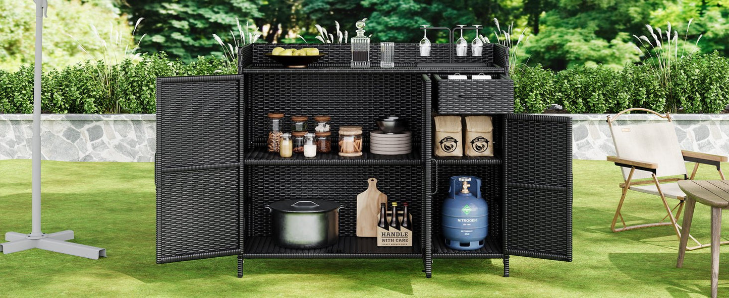 Outdoor Rattan Storage Cabinet with Glass Top | 3 Door Patio Buffet & Indoor Storage Console - 1st Choice Furniture Direct
