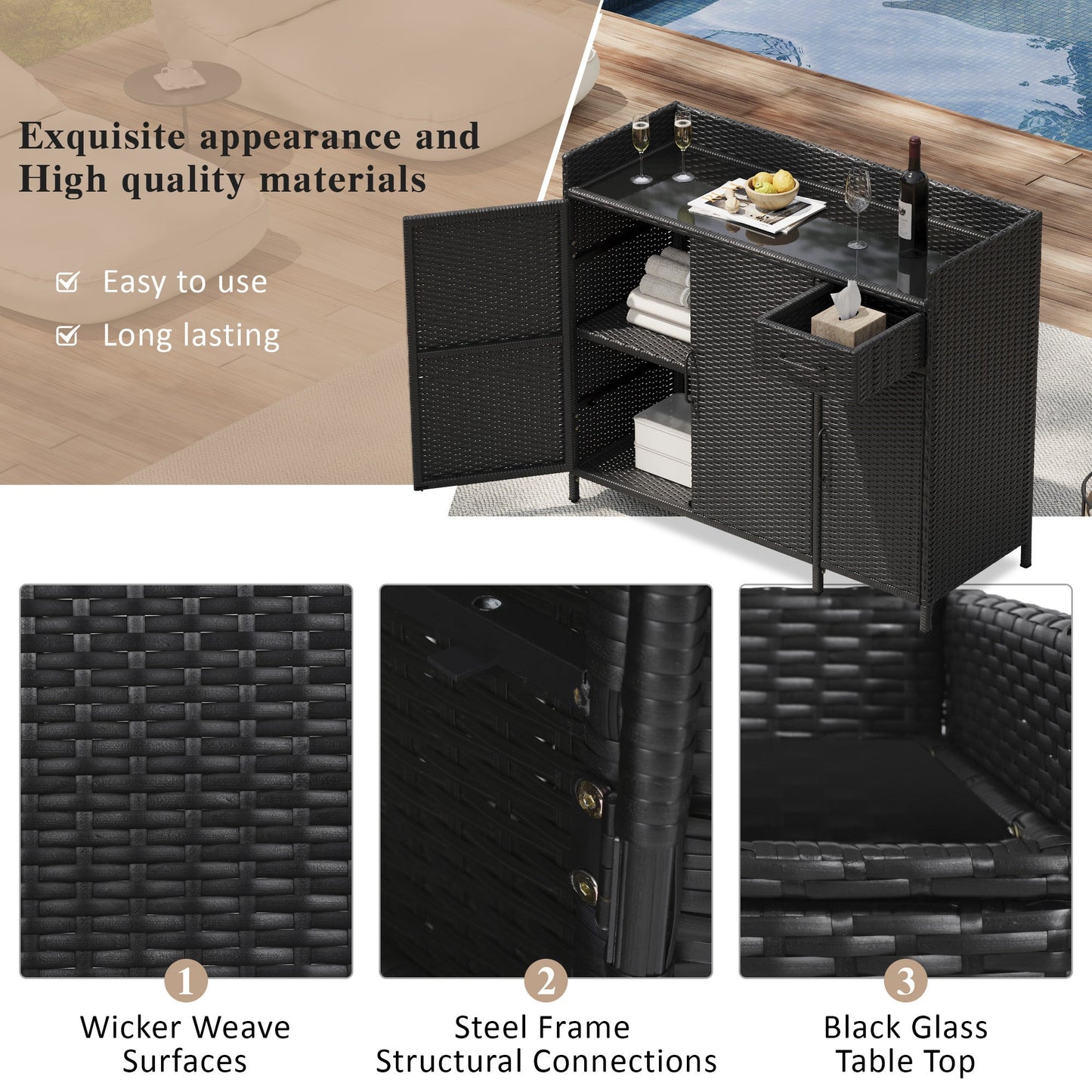 Outdoor Rattan Storage Cabinet with Glass Top | 3 Door Patio Buffet & Indoor Storage Console - 1st Choice Furniture Direct