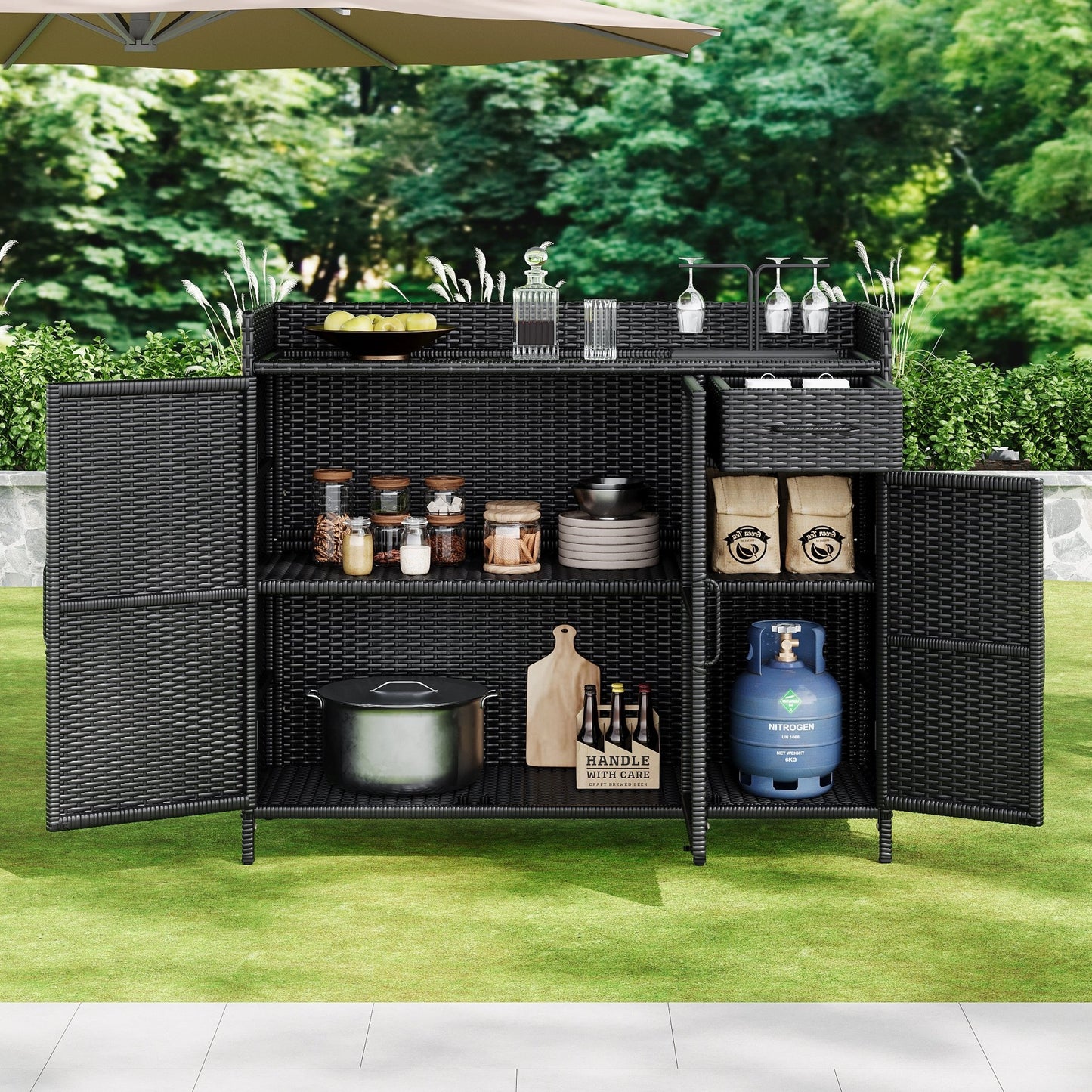 Outdoor Rattan Storage Cabinet with Glass Top | 3 Door Patio Buffet & Indoor Storage Console - 1st Choice Furniture Direct