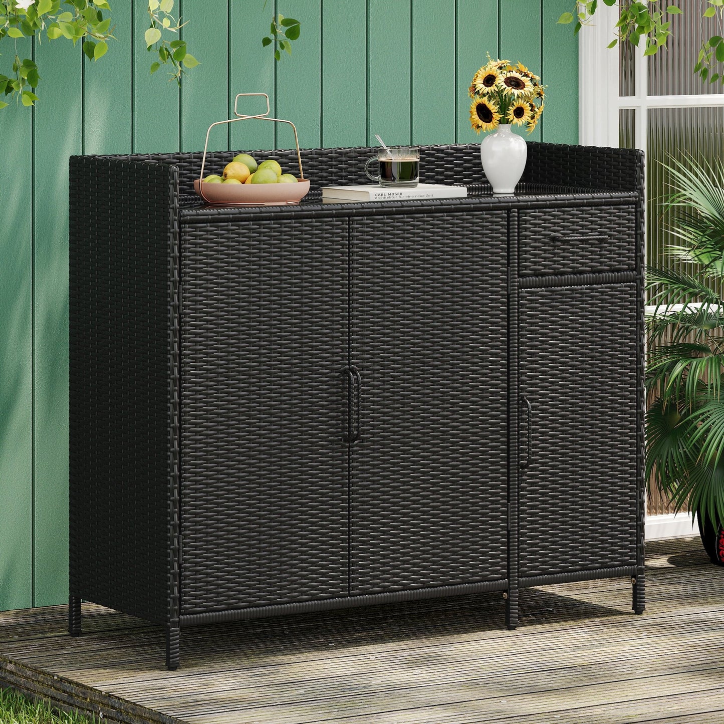 Outdoor Rattan Storage Cabinet with Glass Top | 3 Door Patio Buffet & Indoor Storage Console - 1st Choice Furniture Direct