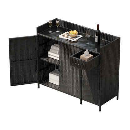 Outdoor Rattan Storage Cabinet with Glass Top | 3 Door Patio Buffet & Indoor Storage Console - 1st Choice Furniture Direct