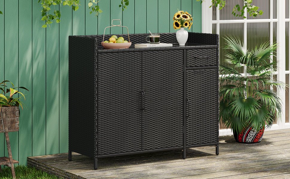 Outdoor Rattan Storage Cabinet with Glass Top | 3 Door Patio Buffet & Indoor Storage Console - 1st Choice Furniture Direct