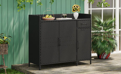 Outdoor Rattan Storage Cabinet with Glass Top | 3 Door Patio Buffet & Indoor Storage Console - 1st Choice Furniture Direct