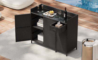 Outdoor Rattan Storage Cabinet with Glass Top | 3 Door Patio Buffet & Indoor Storage Console - 1st Choice Furniture Direct