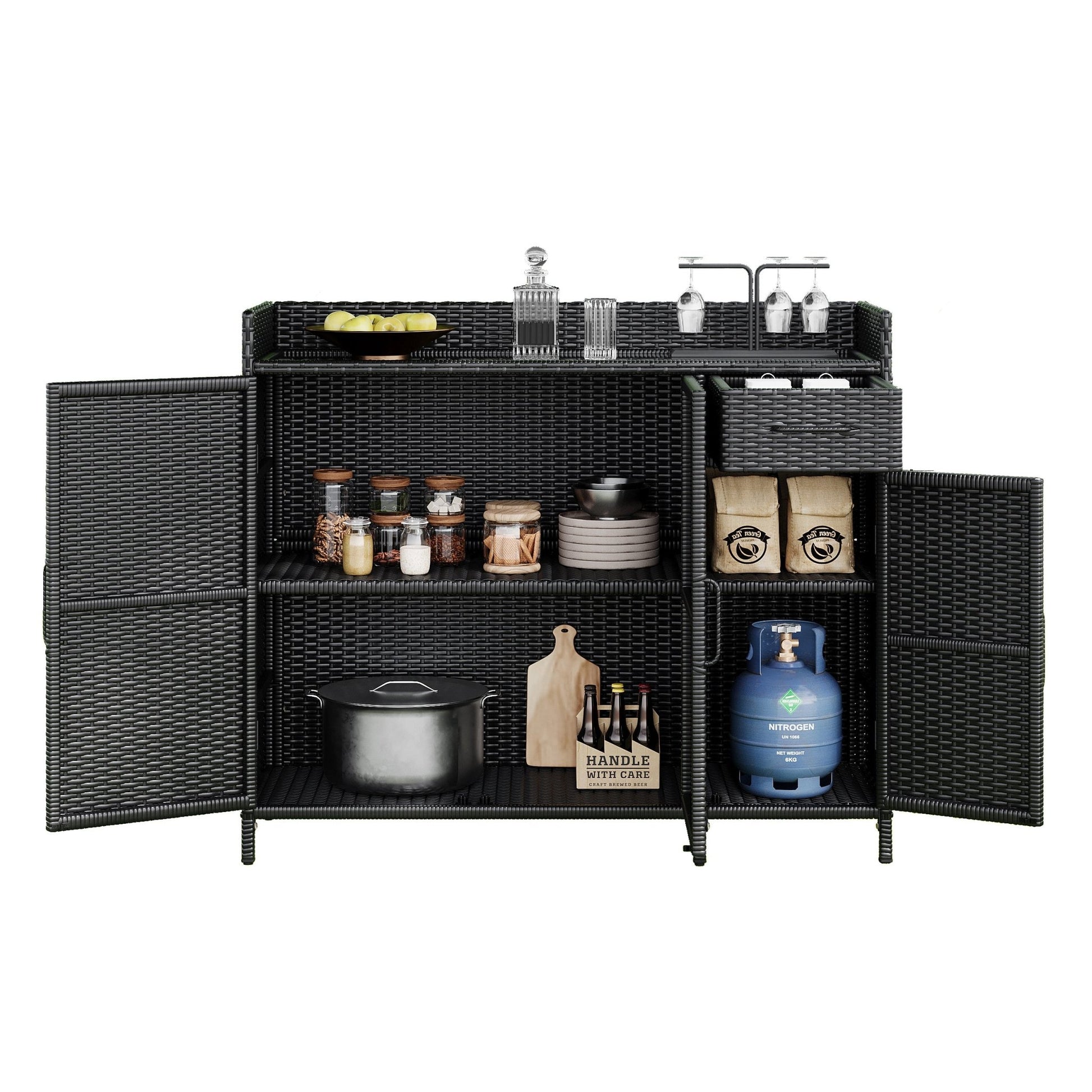Outdoor Rattan Storage Cabinet with Glass Top | 3 Door Patio Buffet & Indoor Storage Console - 1st Choice Furniture Direct