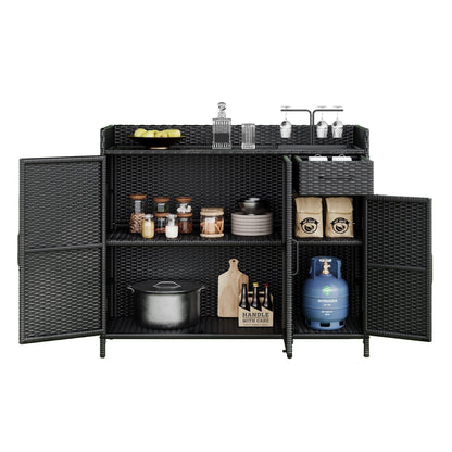 Outdoor Rattan Storage Cabinet with Glass Top | 3 Door Patio Buffet & Indoor Storage Console - 1st Choice Furniture Direct