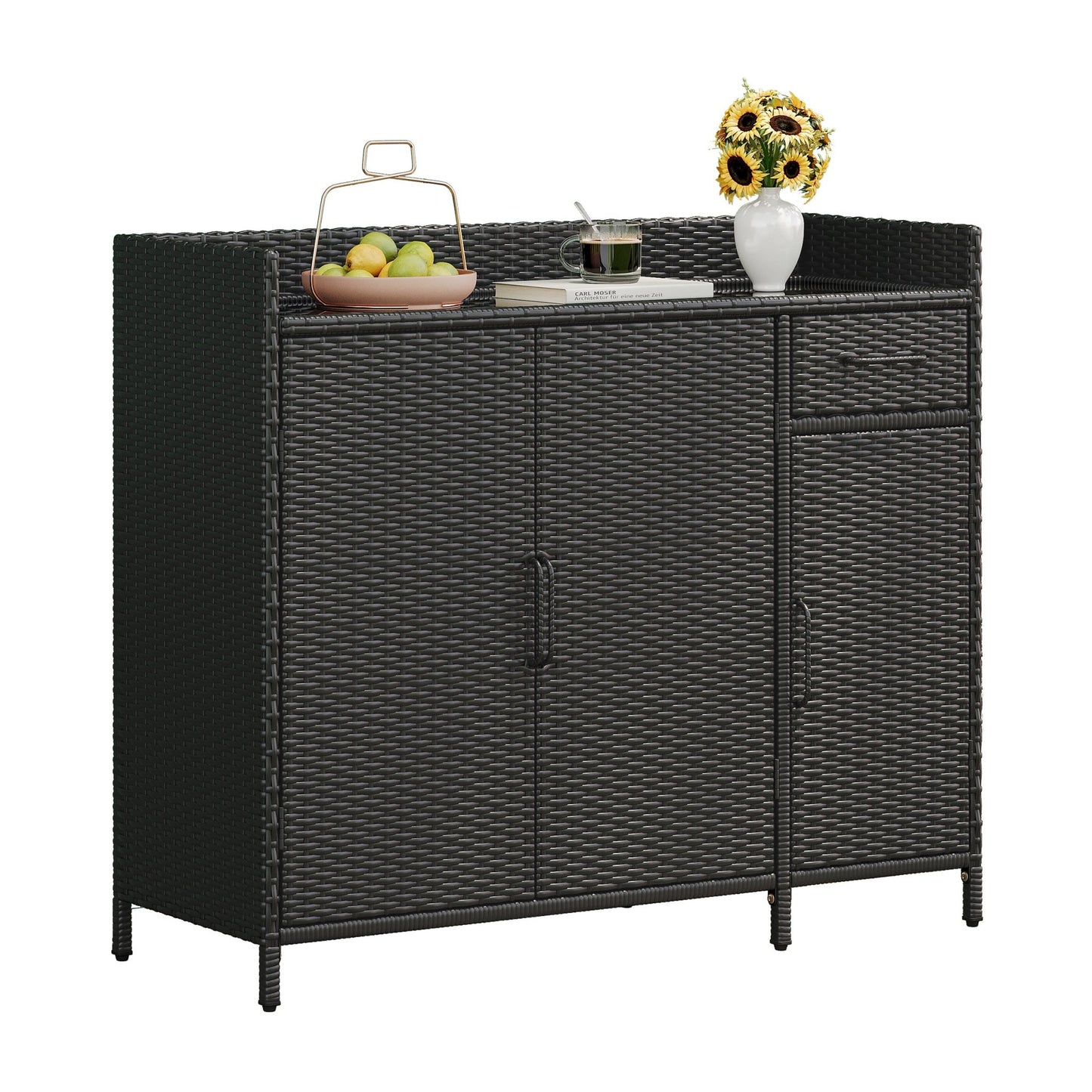 Outdoor Rattan Storage Cabinet with Glass Top | 3 Door Patio Buffet & Indoor Storage Console - 1st Choice Furniture Direct