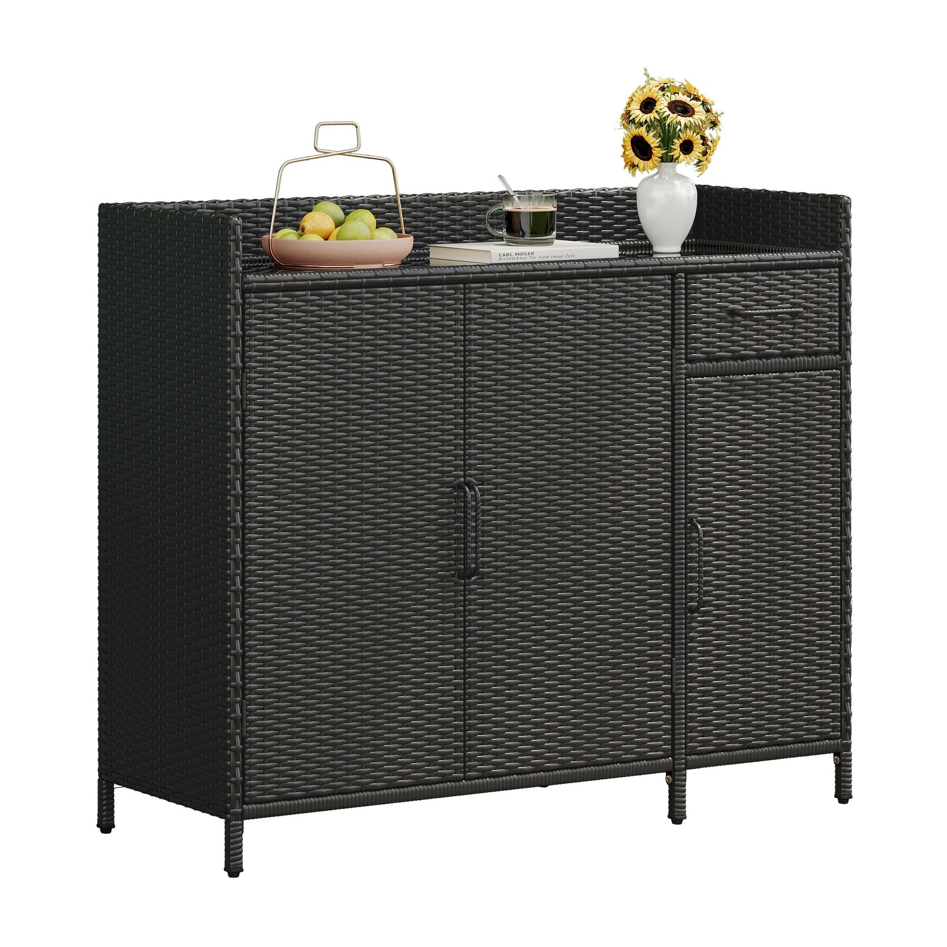 Outdoor Rattan Storage Cabinet with Glass Top | 3 Door Patio Buffet & Indoor Storage Console - 1st Choice Furniture Direct