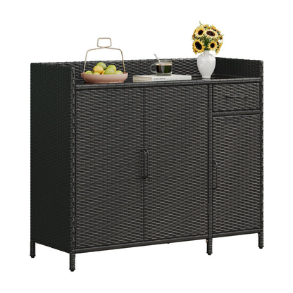Outdoor Rattan Storage Cabinet with Glass Top | 3 Door Patio Buffet & Indoor Storage Console - 1st Choice Furniture Direct