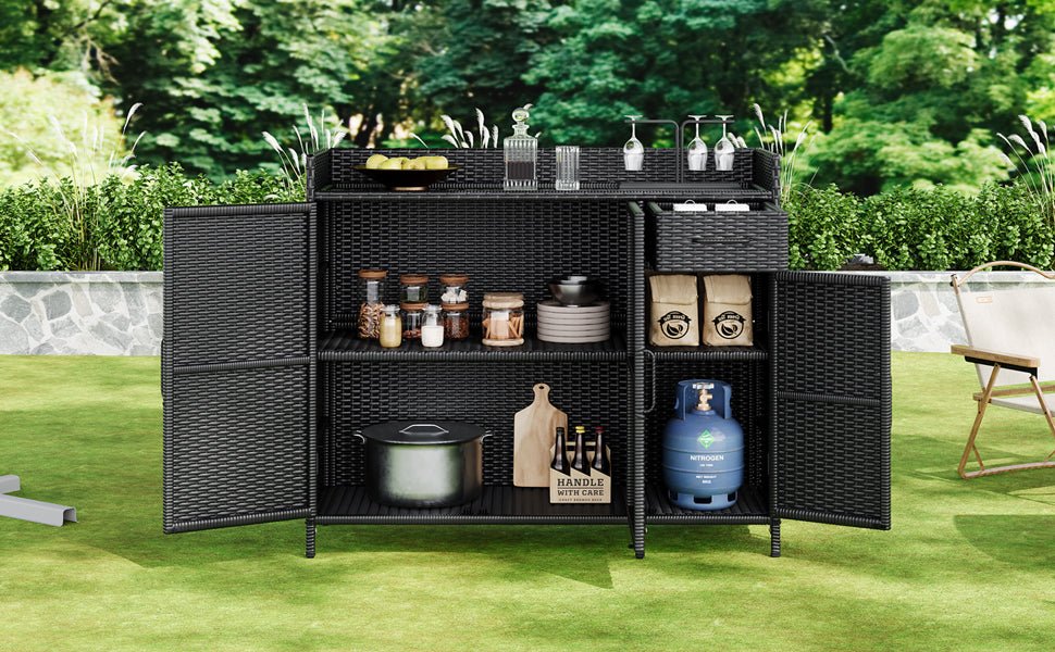Outdoor Rattan Storage Cabinet with Glass Top | 3 Door Patio Buffet & Indoor Storage Console - 1st Choice Furniture Direct