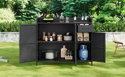 Outdoor Rattan Storage Cabinet with Glass Top | 3 Door Patio Buffet & Indoor Storage Console - 1st Choice Furniture Direct