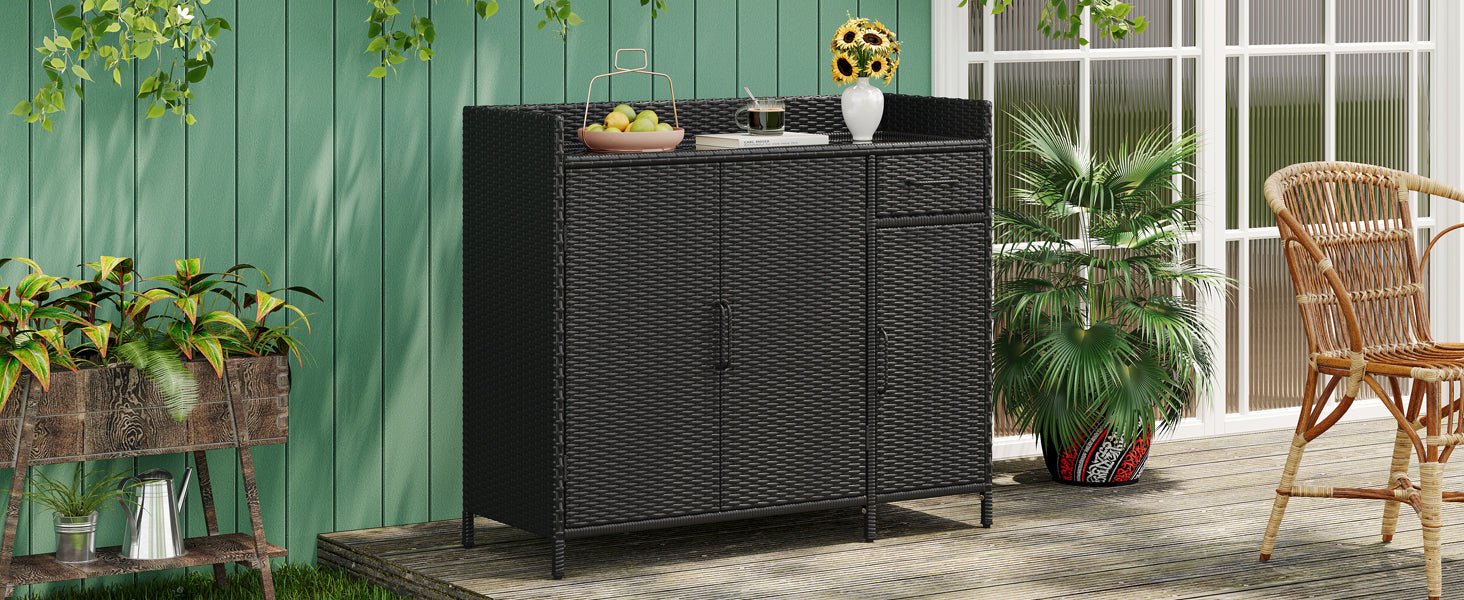 Outdoor Rattan Storage Cabinet with Glass Top | 3 Door Patio Buffet & Indoor Storage Console - 1st Choice Furniture Direct