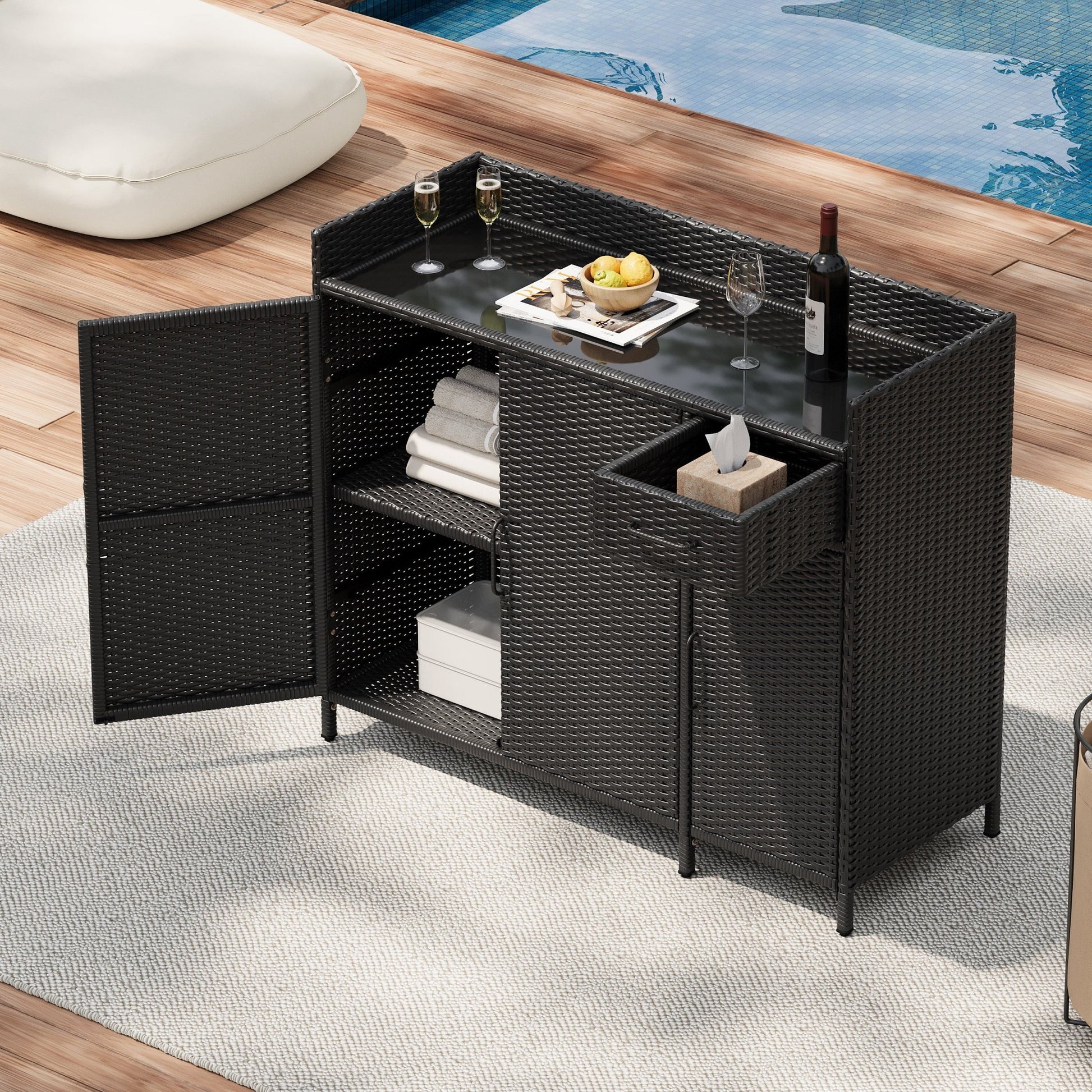 Outdoor Rattan Storage Cabinet with Glass Top | 3 Door Patio Buffet & Indoor Storage Console - 1st Choice Furniture Direct