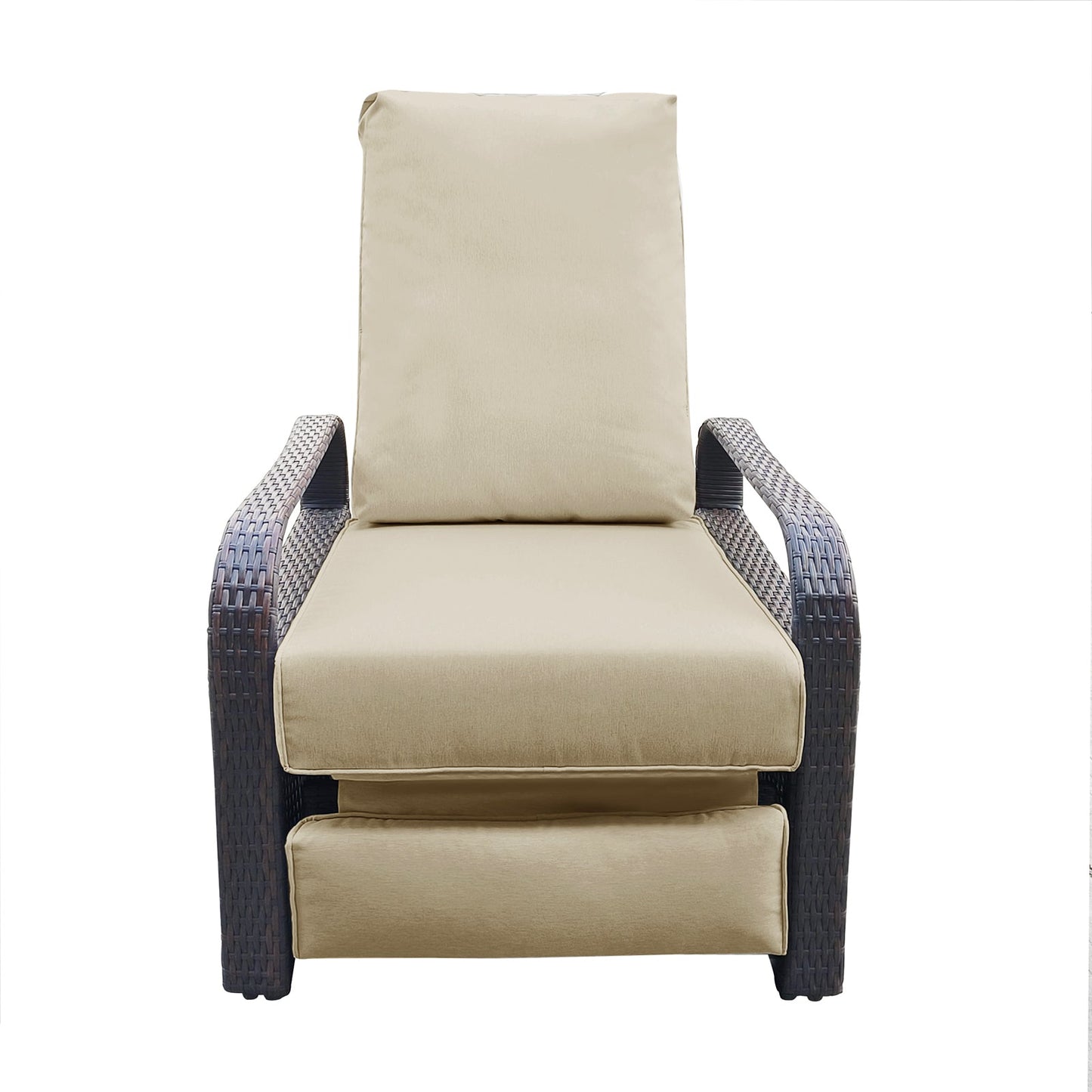 Outdoor Recliner, Automatic Adjustable Wicker Lounge Recliner Chair with Comfy Thicken Cushion, All Weather Aluminum Frame, Brown Wicker + Khaki Cushion - 1st Choice Furniture Direct