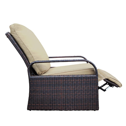 Outdoor Recliner, Automatic Adjustable Wicker Lounge Recliner Chair with Comfy Thicken Cushion, All Weather Aluminum Frame, Brown Wicker + Khaki Cushion - 1st Choice Furniture Direct