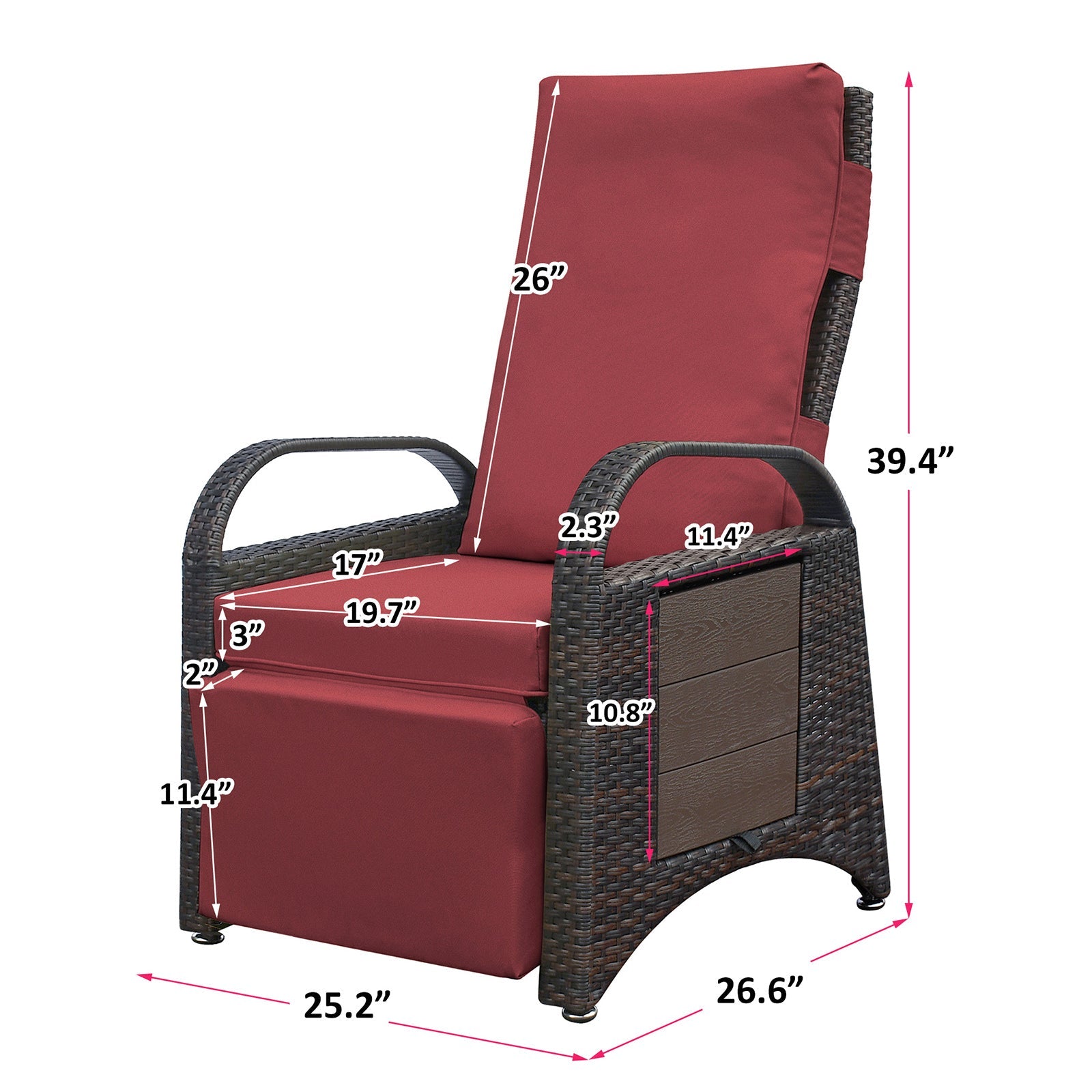 Outdoor Recliner Chair,2 Buckle Adjustment Mechanism Reclining Lounge Chair and Removable Soft Cushion, with Modern Armchair and Ergonomic for Home, Sunbathing or Relaxation (Brown + Red) - 1st Choice Furniture Direct