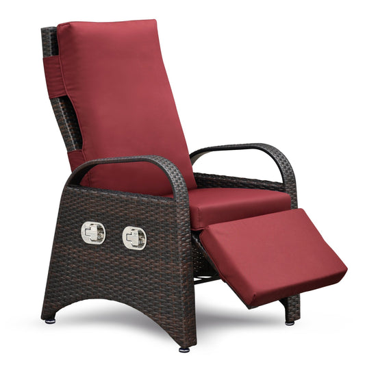 Outdoor Recliner Chair,2 Buckle Adjustment Mechanism Reclining Lounge Chair and Removable Soft Cushion, with Modern Armchair and Ergonomic for Home, Sunbathing or Relaxation (Brown + Red) - 1st Choice Furniture Direct