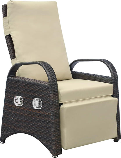 Outdoor Recliner Chair,PE Wicker Adjustable Reclining Lounge Chair and Removable Soft Cushion, with Modern Armchair and Ergonomic for Home, Sunbathing or Relaxation (Khaki) - 1st Choice Furniture Direct