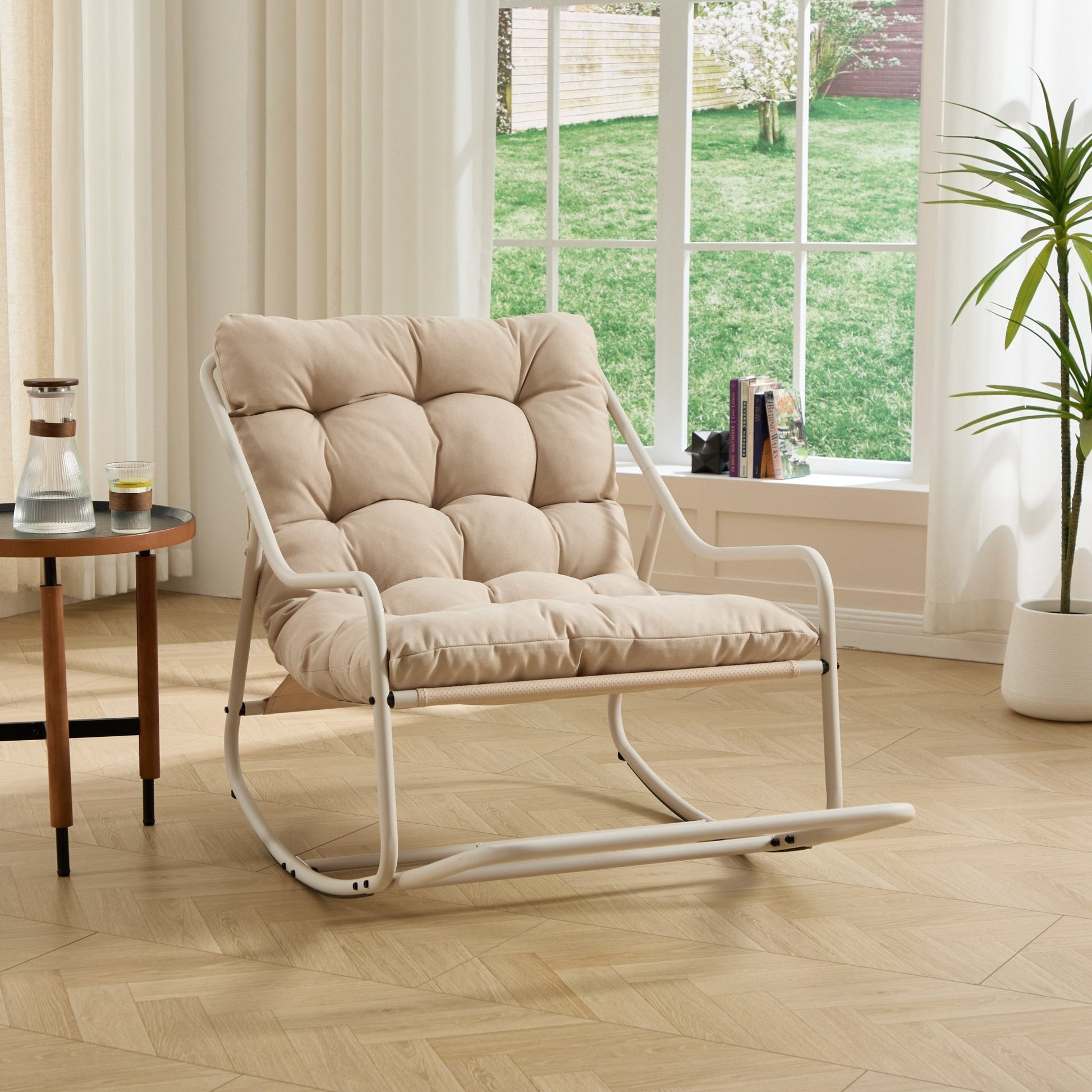 Outdoor Rocking Chair, Comfy Cushion, with Soft Thick Cushion,for Living Room, Bedroom, Reading Room, Beige Frame with Beige Cushion - 1st Choice Furniture Direct