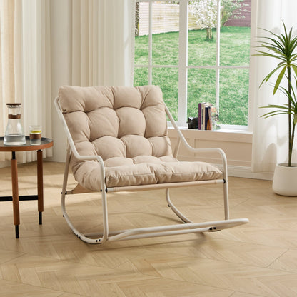Outdoor Rocking Chair, Comfy Cushion, with Soft Thick Cushion,for Living Room, Bedroom, Reading Room, Beige Frame with Beige Cushion - 1st Choice Furniture Direct