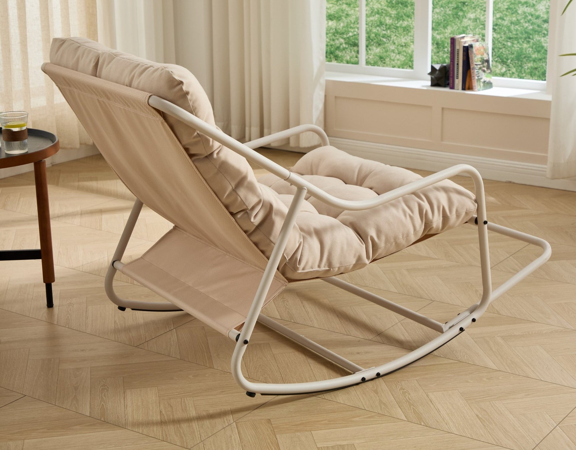 Outdoor Rocking Chair, Comfy Cushion, with Soft Thick Cushion,for Living Room, Bedroom, Reading Room, Beige Frame with Beige Cushion - 1st Choice Furniture Direct