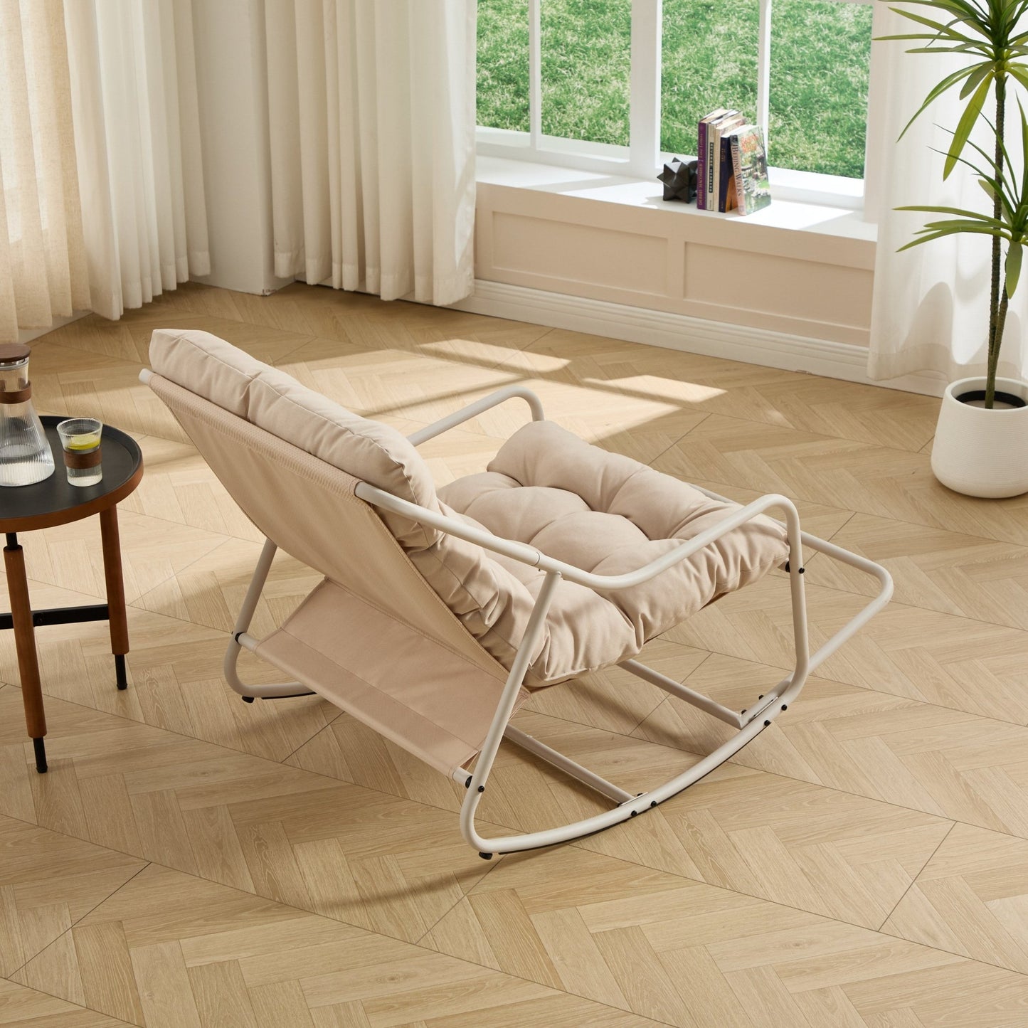 Outdoor Rocking Chair, Comfy Cushion, with Soft Thick Cushion,for Living Room, Bedroom, Reading Room, Beige Frame with Beige Cushion - 1st Choice Furniture Direct
