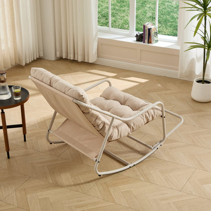 Outdoor Rocking Chair, Comfy Cushion, with Soft Thick Cushion,for Living Room, Bedroom, Reading Room, Beige Frame with Beige Cushion - 1st Choice Furniture Direct