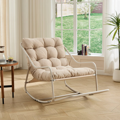 Outdoor Rocking Chair, Comfy Cushion, with Soft Thick Cushion,for Living Room, Bedroom, Reading Room, Beige Frame with Beige Cushion - 1st Choice Furniture Direct