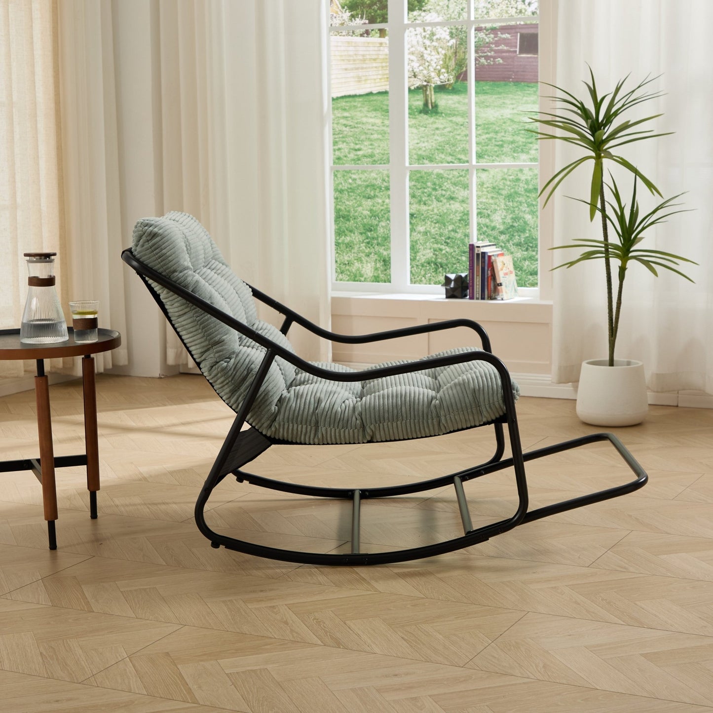 Outdoor Rocking Chair, Comfy Cushion, with Soft Thick Cushion,for Living Room, Bedroom, Reading Room, Black Frame with Light green Cushion - 1st Choice Furniture Direct