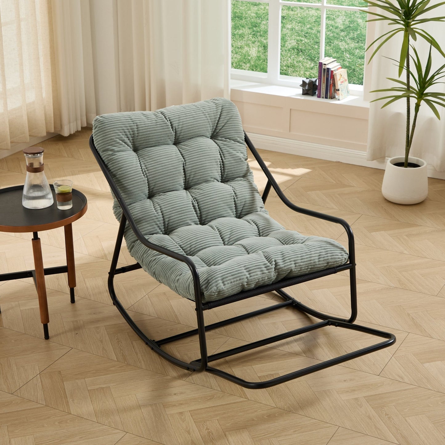Outdoor Rocking Chair, Comfy Cushion, with Soft Thick Cushion,for Living Room, Bedroom, Reading Room, Black Frame with Light green Cushion - 1st Choice Furniture Direct