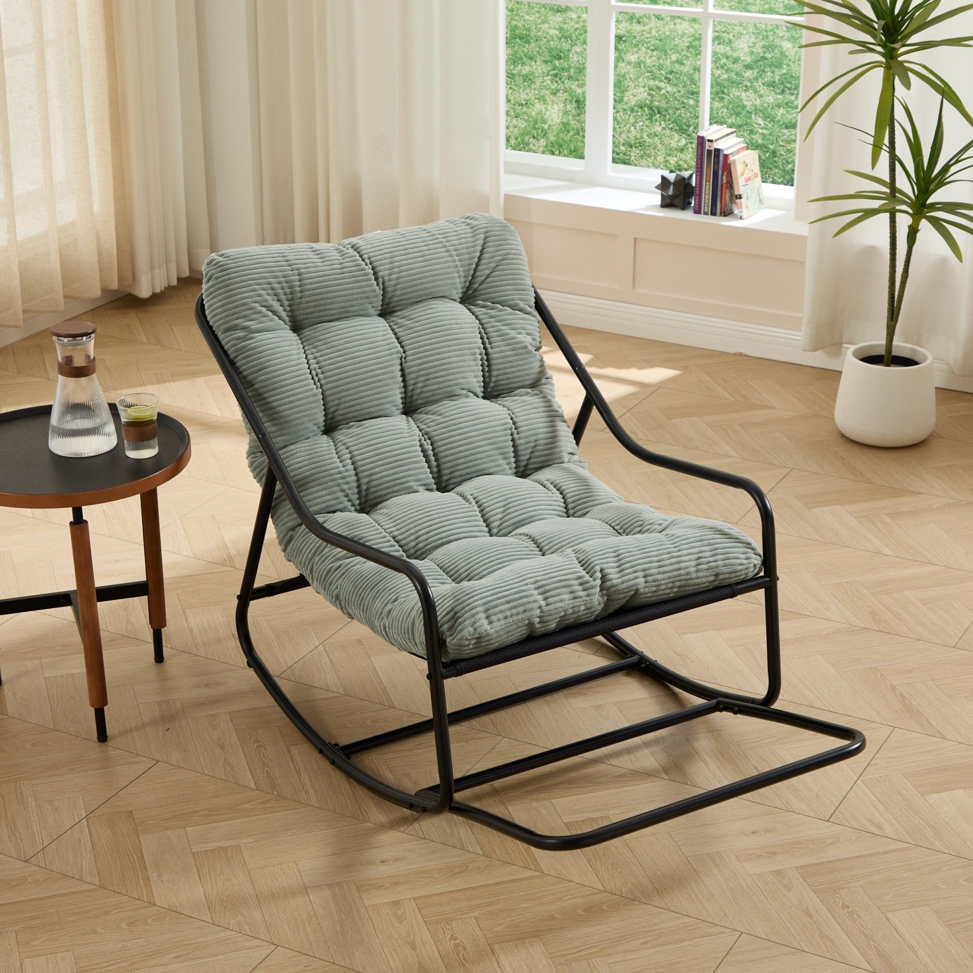 Outdoor Rocking Chair, Comfy Cushion, with Soft Thick Cushion,for Living Room, Bedroom, Reading Room, Black Frame with Light green Cushion - 1st Choice Furniture Direct