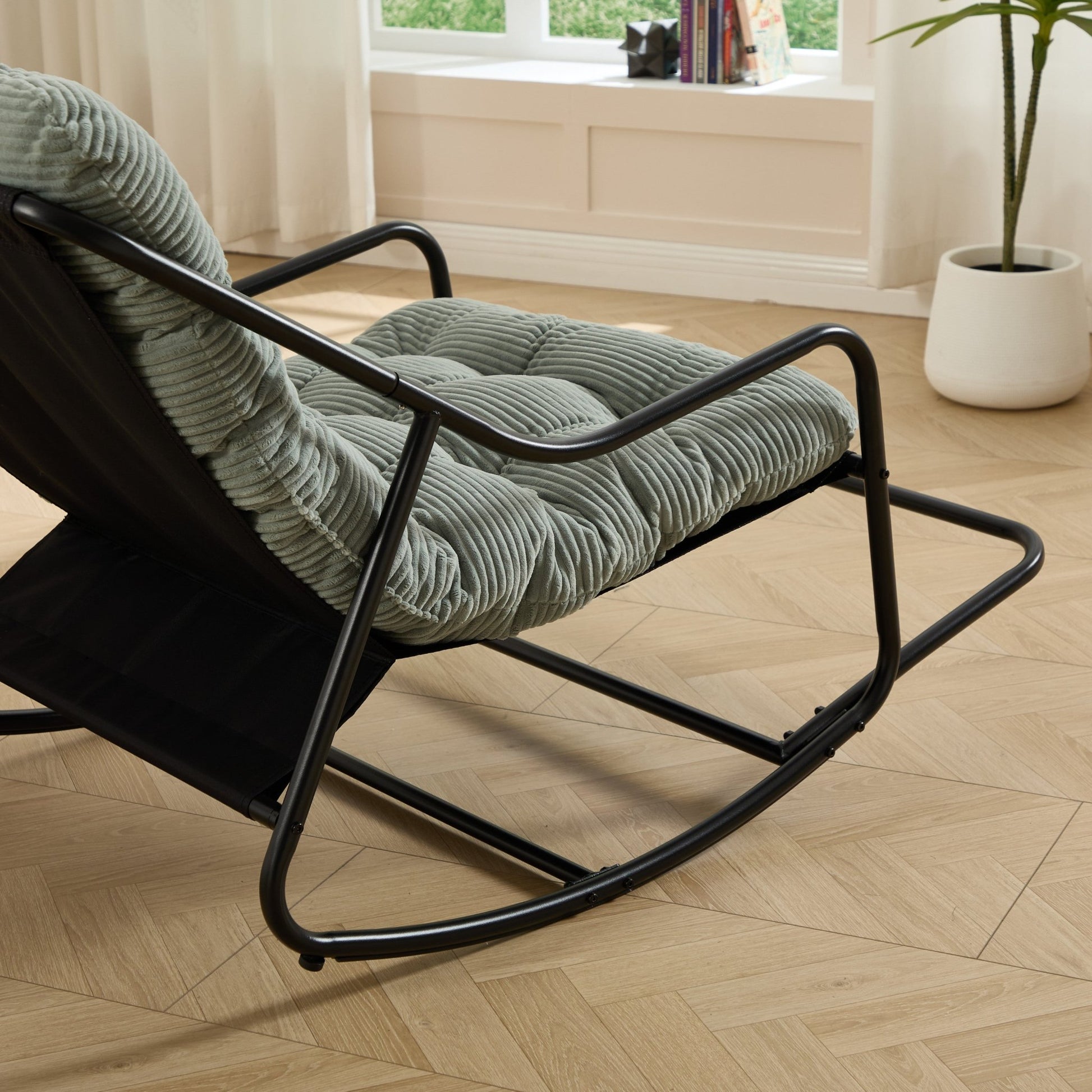 Outdoor Rocking Chair, Comfy Cushion, with Soft Thick Cushion,for Living Room, Bedroom, Reading Room, Black Frame with Light green Cushion - 1st Choice Furniture Direct
