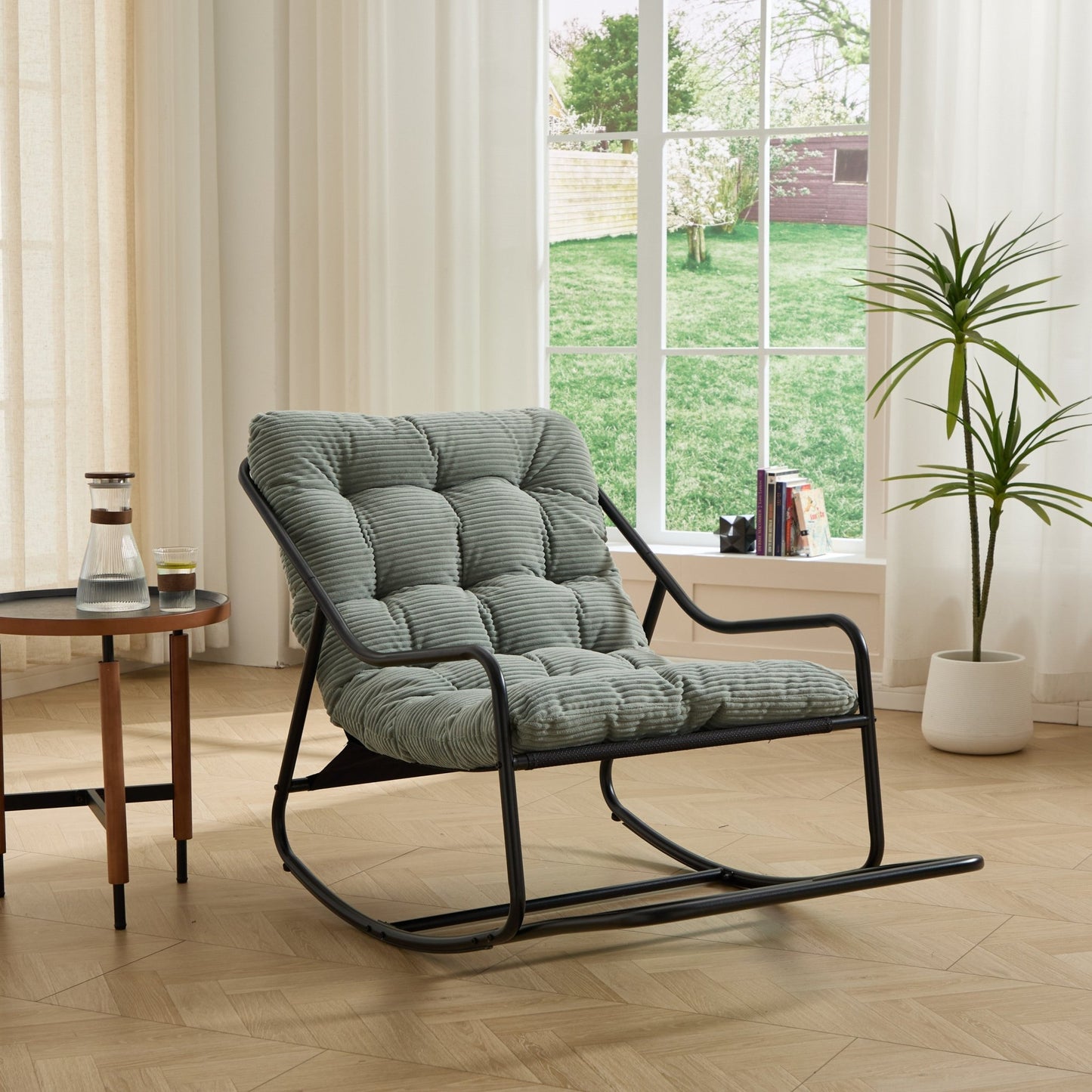 Outdoor Rocking Chair, Comfy Cushion, with Soft Thick Cushion,for Living Room, Bedroom, Reading Room, Black Frame with Light green Cushion - 1st Choice Furniture Direct